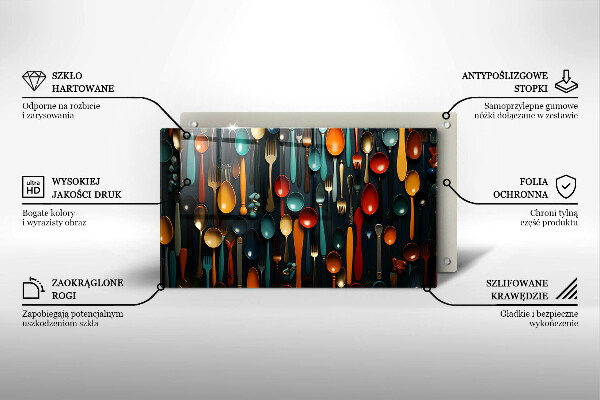 Szklana deska do krojenia Kolorowe łyżki i widelce