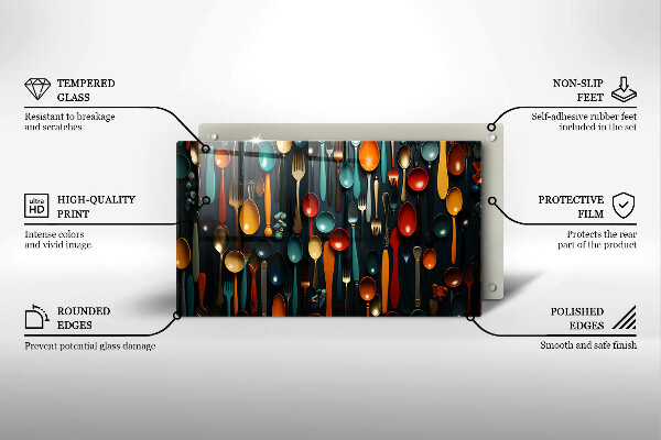 Szklana deska do krojenia Kolorowe łyżki i widelce