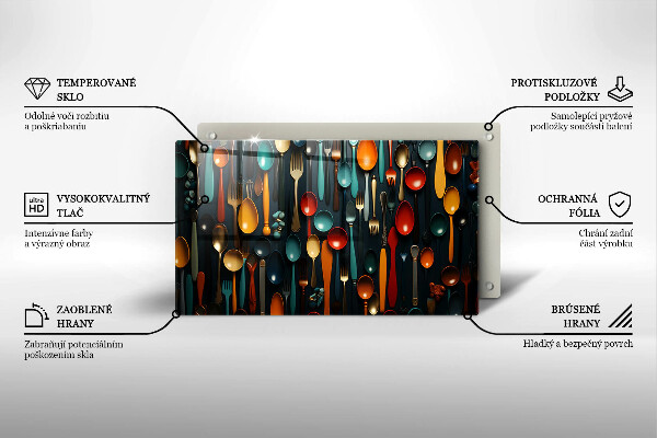 Szklana deska do krojenia Kolorowe łyżki i widelce