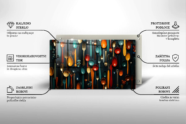 Szklana deska do krojenia Kolorowe łyżki i widelce