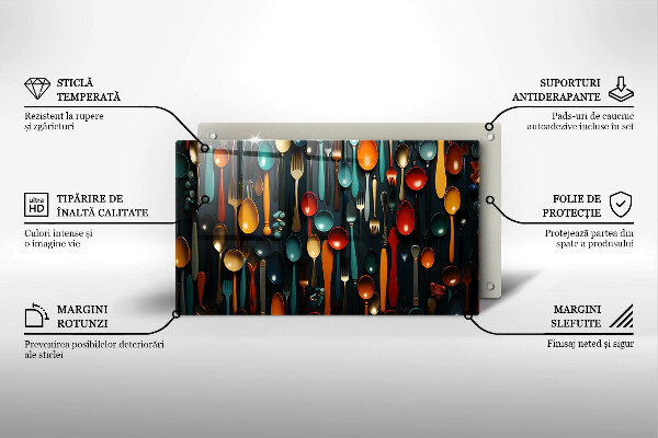 Szklana deska do krojenia Kolorowe łyżki i widelce