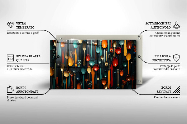 Szklana deska do krojenia Kolorowe łyżki i widelce