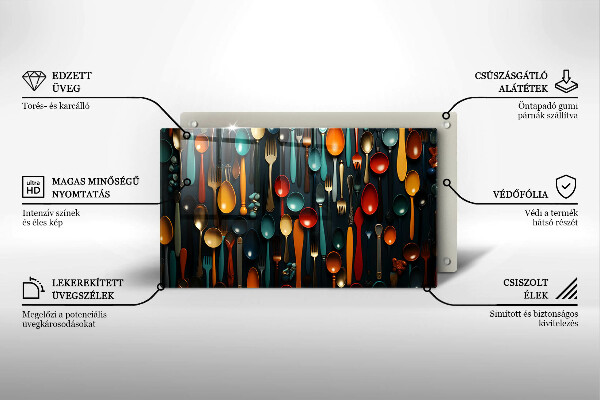 Szklana deska do krojenia Kolorowe łyżki i widelce