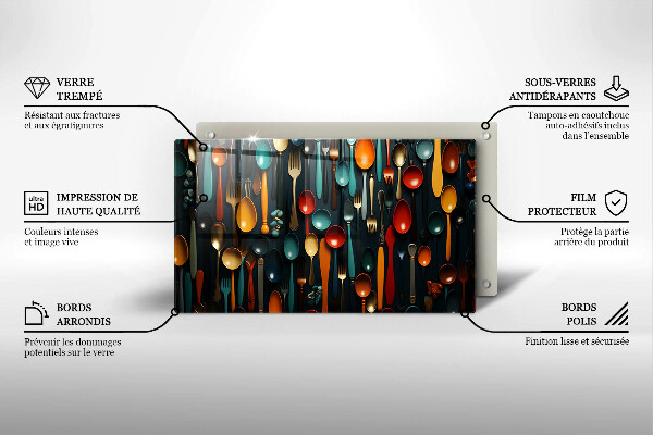 Szklana deska do krojenia Kolorowe łyżki i widelce