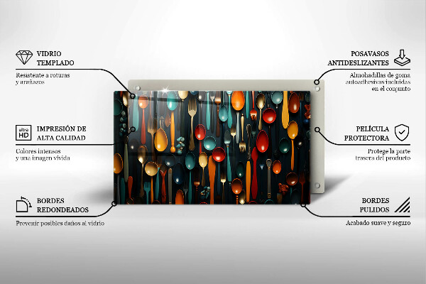 Szklana deska do krojenia Kolorowe łyżki i widelce