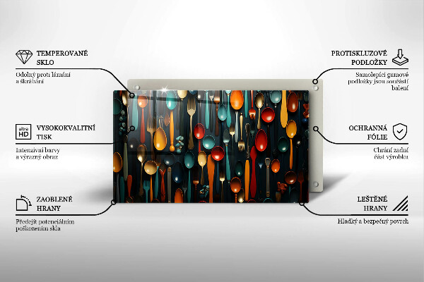 Szklana deska do krojenia Kolorowe łyżki i widelce