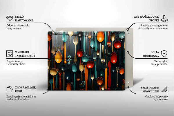 Szklana deska do krojenia Kolorowe łyżki i widelce