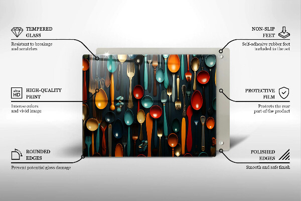 Szklana deska do krojenia Kolorowe łyżki i widelce