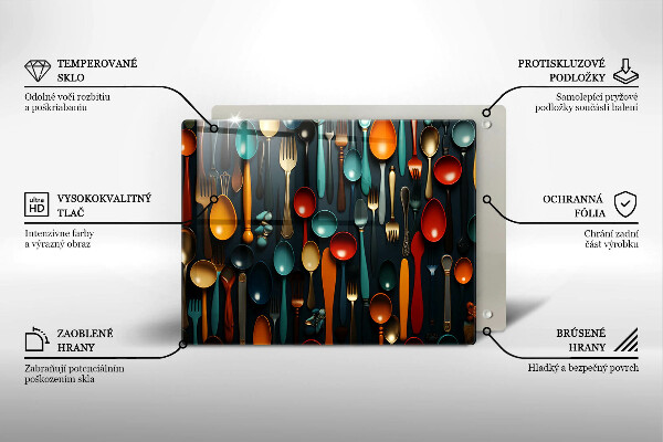 Szklana deska do krojenia Kolorowe łyżki i widelce