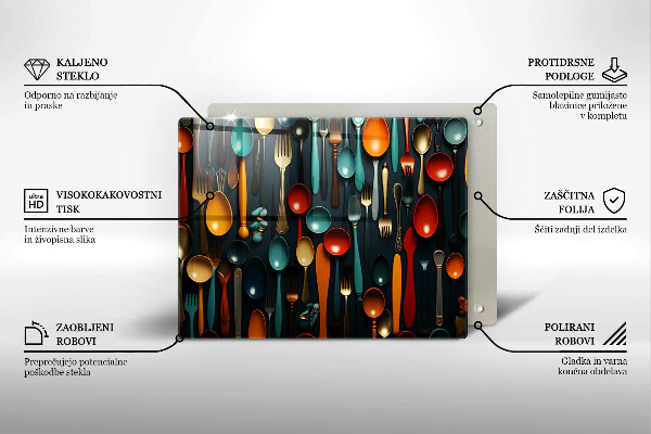 Szklana deska do krojenia Kolorowe łyżki i widelce