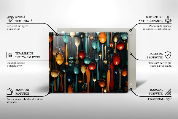 Szklana deska do krojenia Kolorowe łyżki i widelce