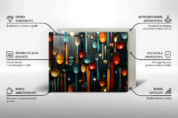 Szklana deska do krojenia Kolorowe łyżki i widelce