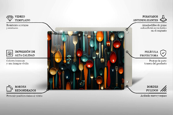 Szklana deska do krojenia Kolorowe łyżki i widelce