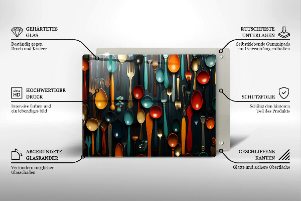 Szklana deska do krojenia Kolorowe łyżki i widelce