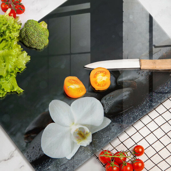 Szklana deska do krojenia Biały kwiat kamienie Zen