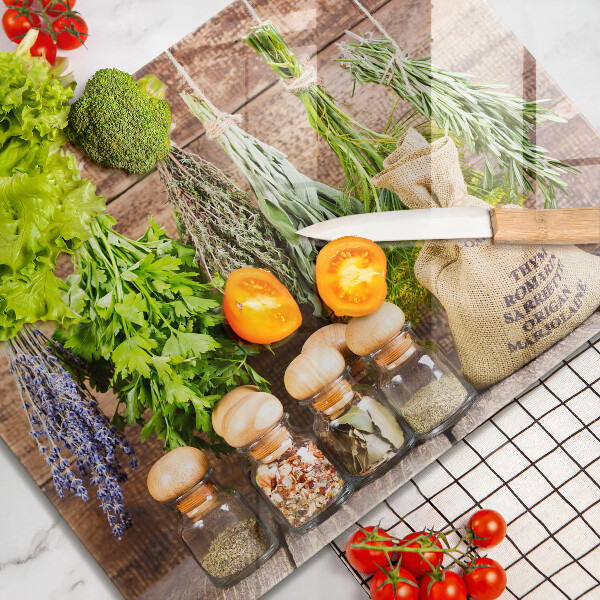 Szklana deska do krojenia Zioła przyprawy i drewno