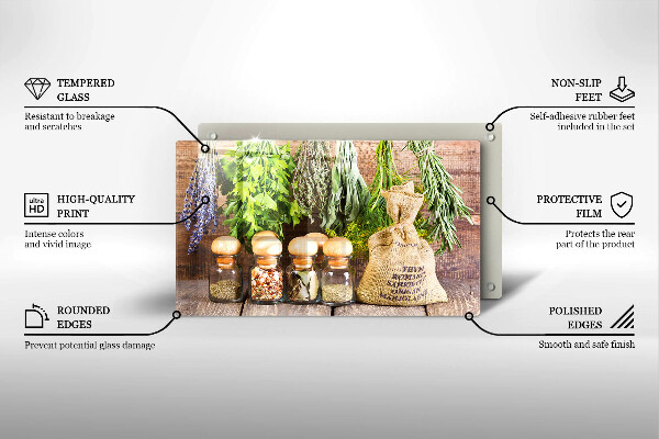 Szklana deska do krojenia Zioła przyprawy i drewno