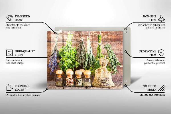 Szklana deska do krojenia Zioła przyprawy i drewno