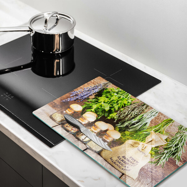 Szklana deska do krojenia Zioła przyprawy i drewno