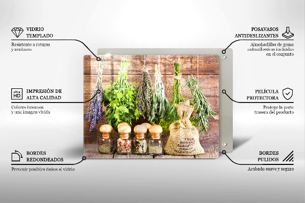 Szklana deska do krojenia Zioła przyprawy i drewno