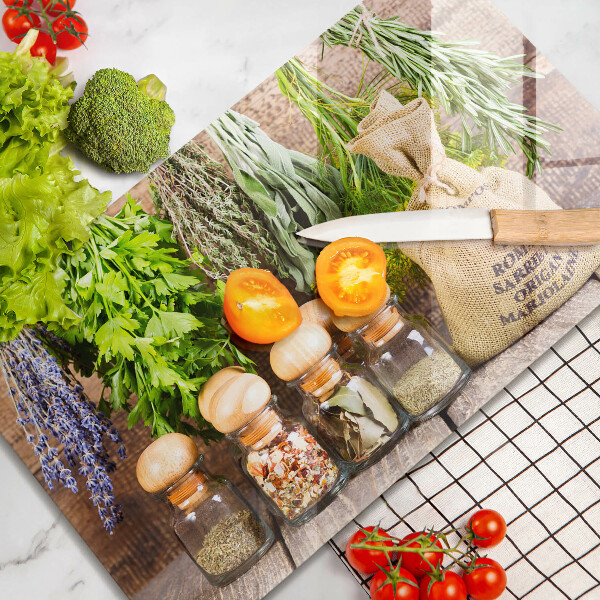 Szklana deska do krojenia Zioła przyprawy i drewno