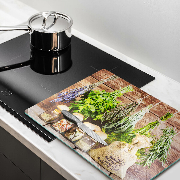 Szklana deska do krojenia Zioła przyprawy i drewno