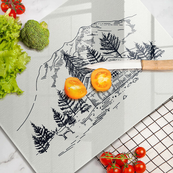 Szklana deska do krojenia Rysunek domek w górach