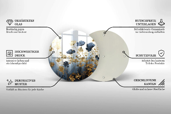 Deska kuchenna szklana Niebieskie i złote kwiaty