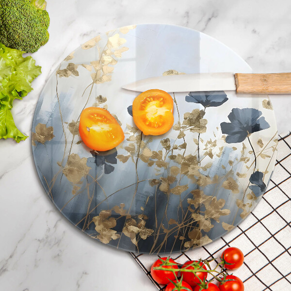 Deska kuchenna szklana Niebieskie i złote kwiaty