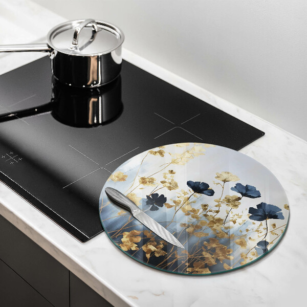 Deska kuchenna szklana Niebieskie i złote kwiaty