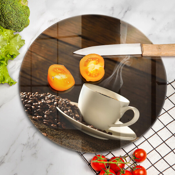 Deska kuchenna szklana Filiżanka kawy drewno