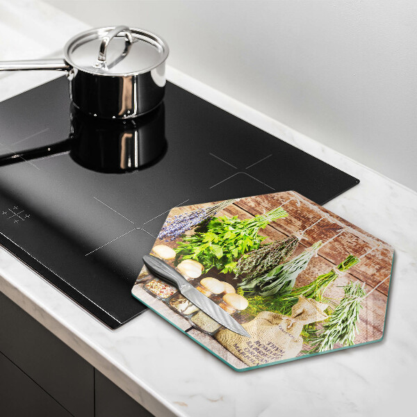 Deska szklana do kuchni Zioła przyprawy i drewno