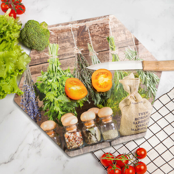 Deska szklana do kuchni Zioła przyprawy i drewno