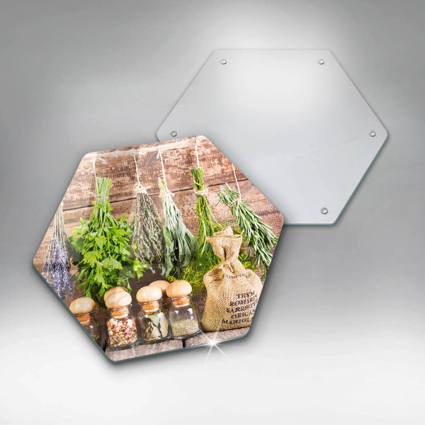 Deska szklana do kuchni Zioła przyprawy i drewno