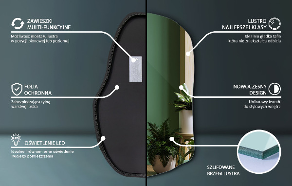 Lustro o nieregularnym kształcie led unikalne 100x65 cm
