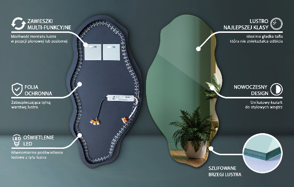 Lustro nieregularny kształt plamy led 40x80 cm