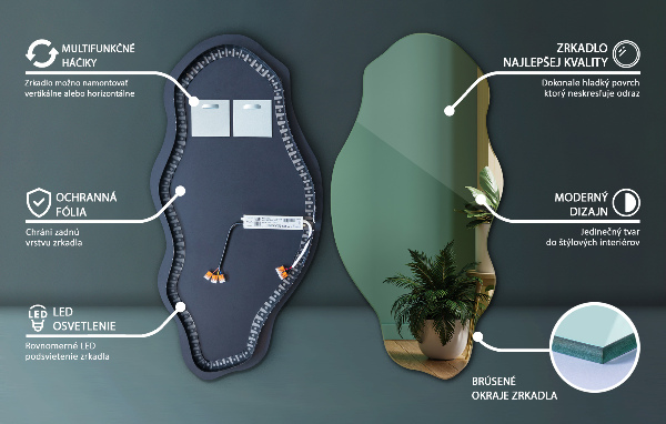 Lustro nieregularny kształt plamy led 40x80 cm