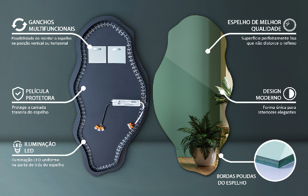 Lustro nieregularny kształt plamy led 40x80 cm