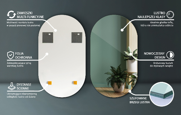Bezramowe modne lustro owalne 40x70 cm