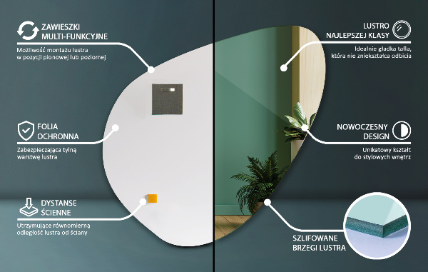 Lustro o organicznym kształcie nowoczesne bez ramy 58x58 cm