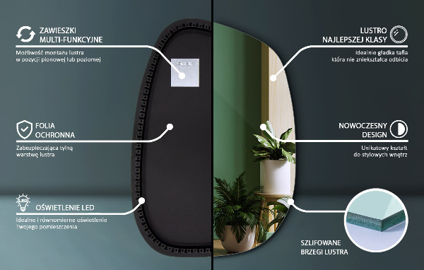 Lustro nieregularne LED w kształcie plamy 91x66 cm