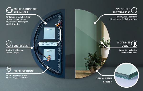 Lustro led połówka koła 30x60 cm