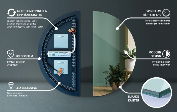 Lustro półokrągłe podświetleniem led 35x70 cm