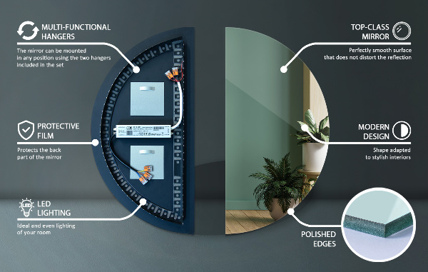 Lustro półokrągłe podświetleniem led 35x70 cm
