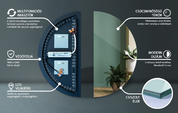 Lustro półokrągłe led 40x80 cm