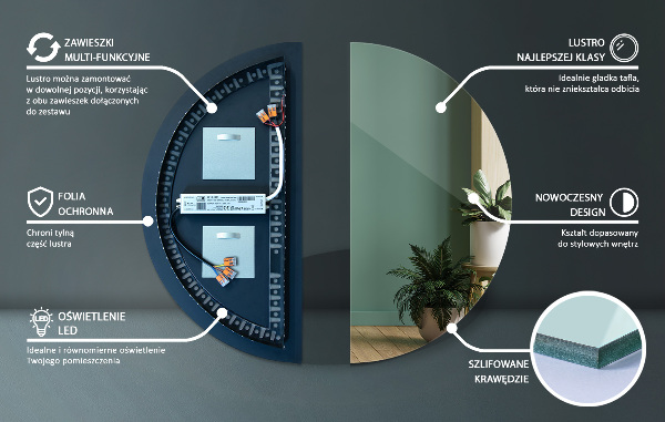 Lustro półkole z podświetleniem led 45x90 cm