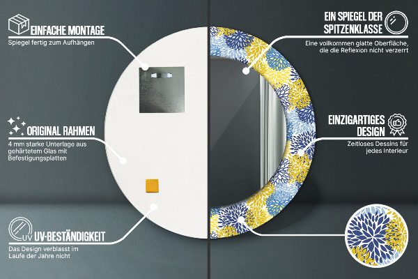 Lustro z drukowaną ramką okrągłe Niebieskie kwiaty