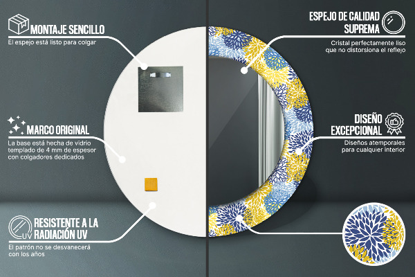 Lustro z drukowaną ramką okrągłe Niebieskie kwiaty