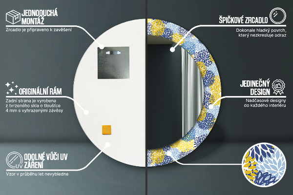 Lustro z drukowaną ramką okrągłe Niebieskie kwiaty