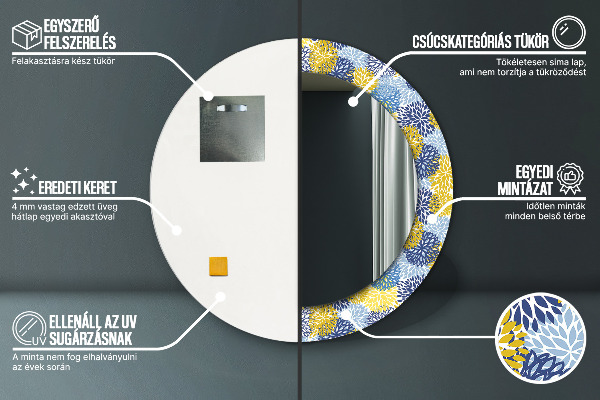 Lustro z drukowaną ramką okrągłe Niebieskie kwiaty